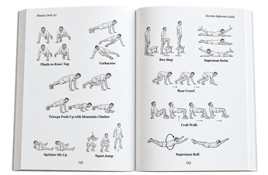 Illustrated exercise reference pages from Fitness Over 50